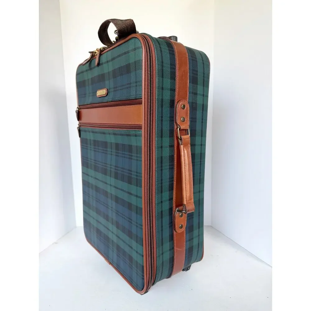 Polo Ralph Lauren Blackwatch Plaid Carry On Luggage Suitcase Leather Navy Green
